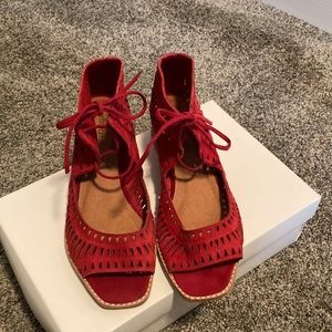 Jeffrey Campbell red suede laser cut wedges. Vacation shoes! NWOT